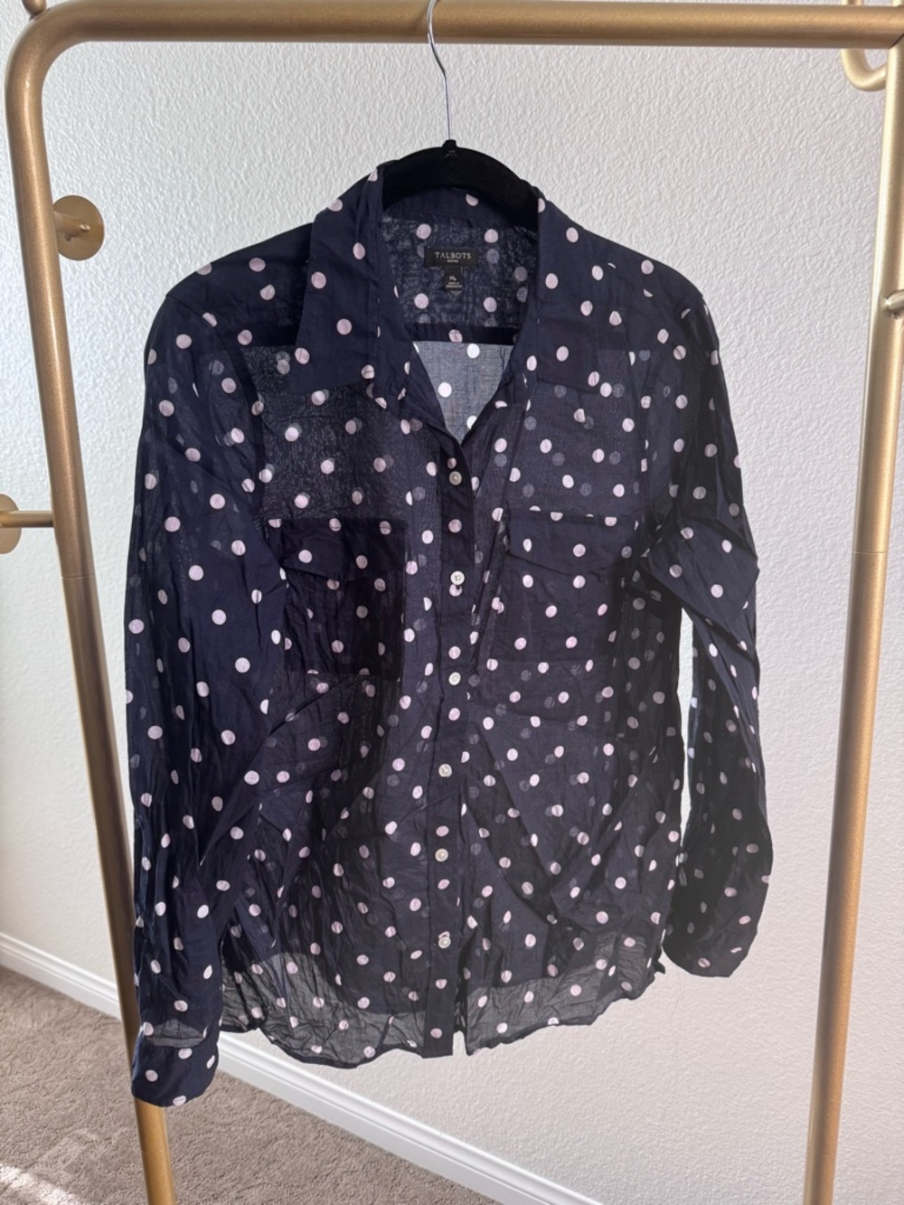 Talbots Navy Sheer Polka Dot Button-Up Shirt